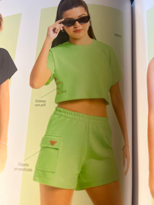neon green crop top/sweatshorts