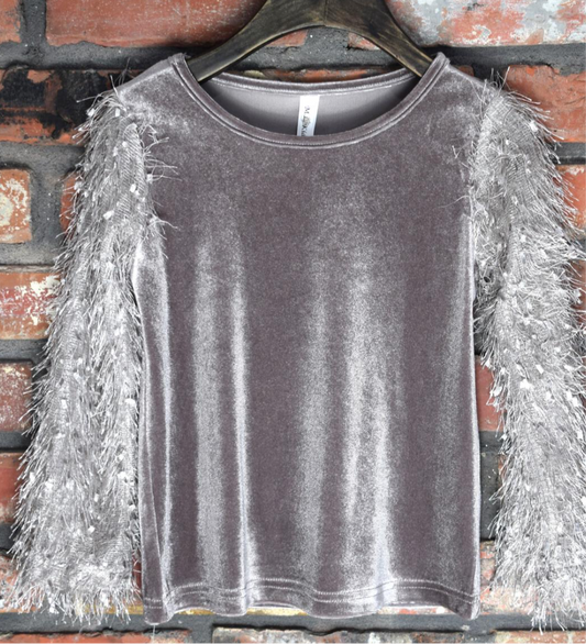 pewter velvet shaggy sleeve top