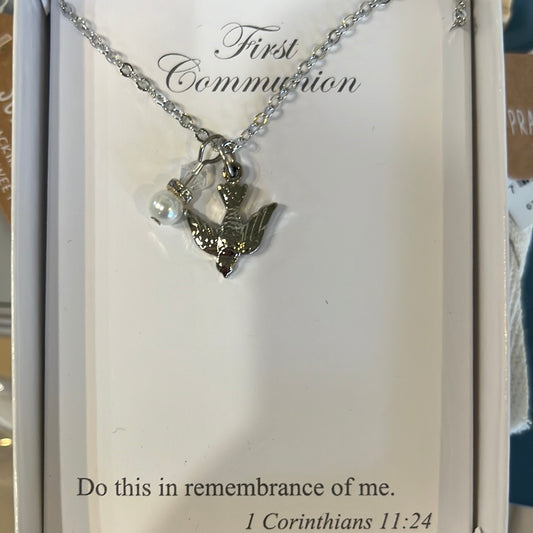 First Communion necklace w/ dove&pearl