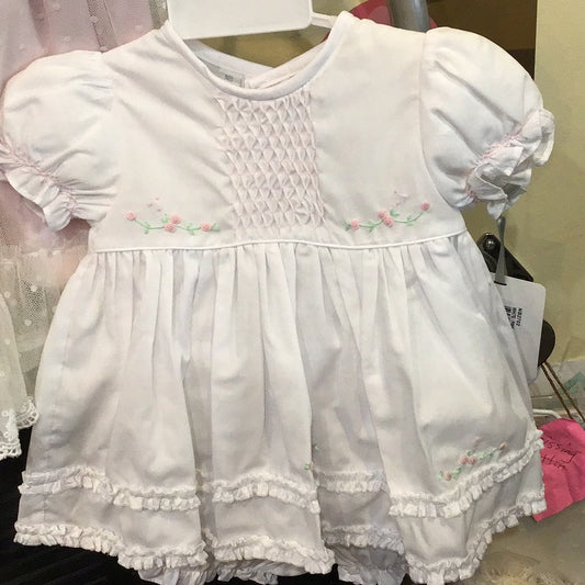 White Honeycomb Smocked Ruffle Dress w/ Panty